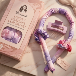Dunnock Heatless Curls Overnight Hair Care Set with 34" Hair Curler & 2 Satin Scrunchies“ Comfortable Hair Curlers to Sleep In for Frizz-Free, No Heat Damage Styling - Sunset Tie Dye - Kitschmas