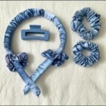 Dunnock Heatless Curls Overnight Hair Care Set with 34" Hair Curler & 2 Satin Scrunchies“ Comfortable Hair Curlers to Sleep In for Frizz-Free, No Heat Damage Styling - Sunset Tie Dye - Sky Blue - Image 6