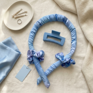 Dunnock Heatless Curls Overnight Hair Care Set with 34" Hair Curler & 2 Satin Scrunchies“ Comfortable Hair Curlers to Sleep In for Frizz-Free, No Heat Damage Styling - Sunset Tie Dye - Sky Blue